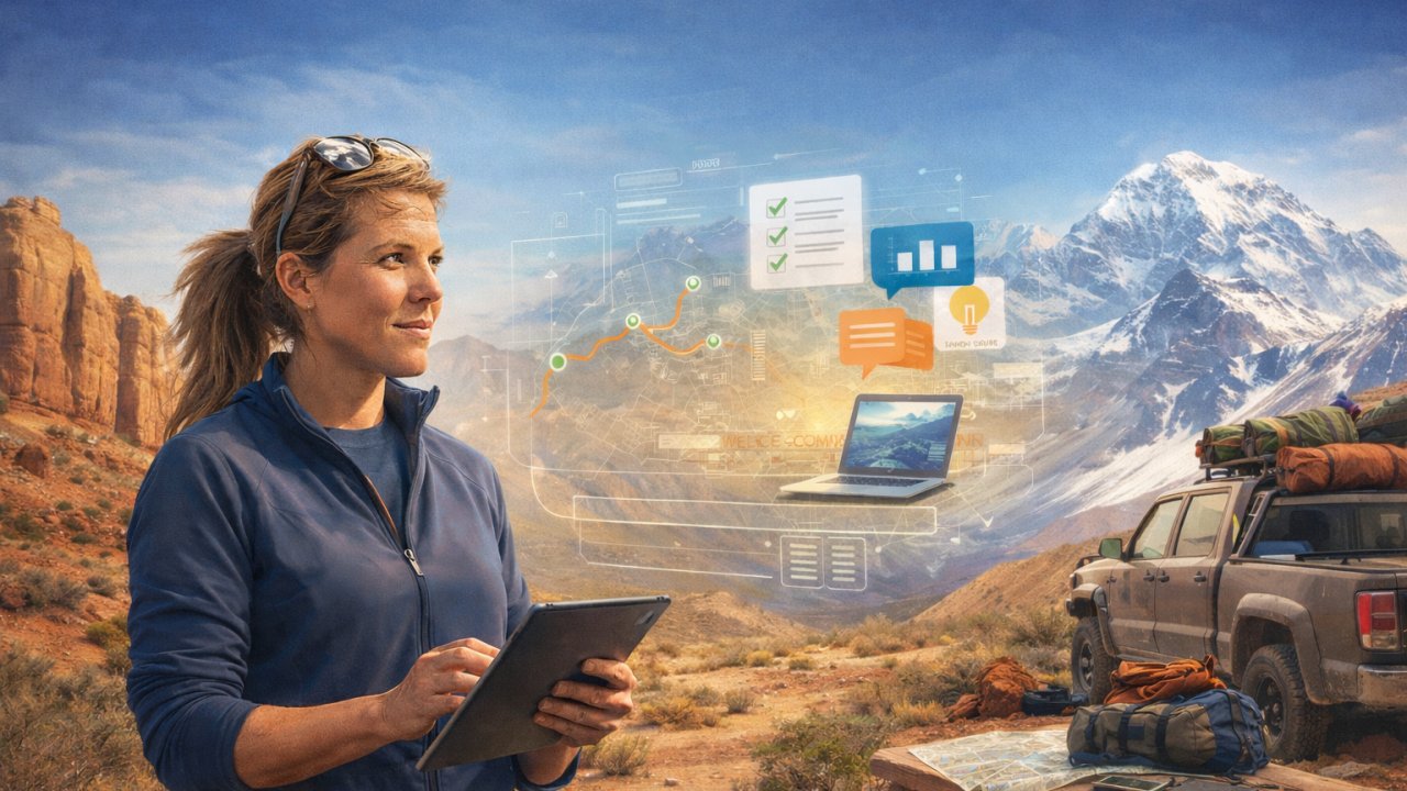 Illustration of Sunny Stroeer holding a tablet in the red-rock desert, a laptop ringed by floating AI chat and chart panels beside her, a snowy Alaskan peak and a gear-loaded overland truck in the background