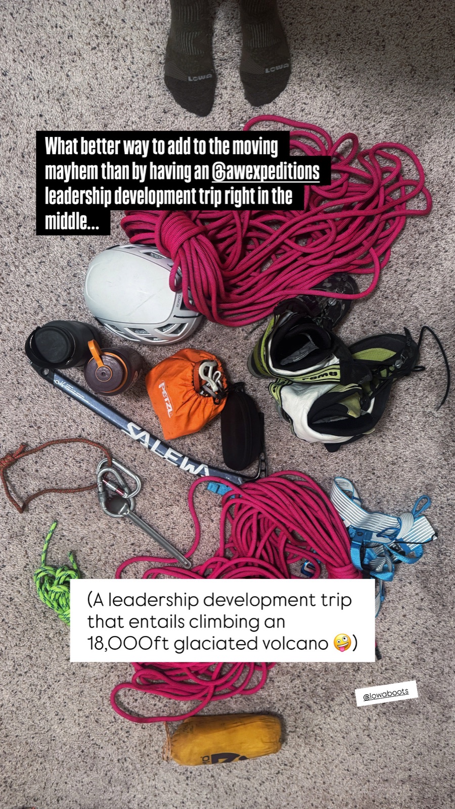 Expedition gear strewn across a carpeted floor - pink climbing ropes, helmet, ice axe, crampon bag, boots - with Instagram story text about packing for an AWExpeditions leadership development trip mid-move