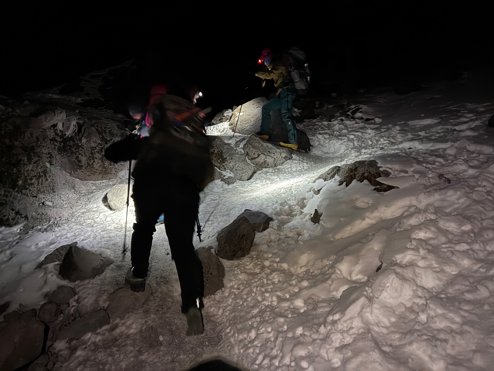 Two climbers with headlamps picking their way up snow-covered rocks in the dark on Pico de Orizaba
