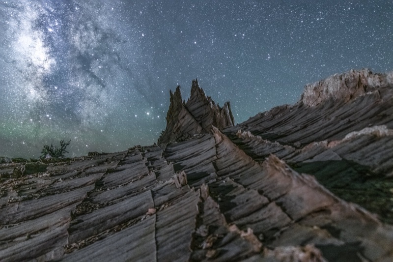 Milky Way over ridged rock fins in the high desert at night
