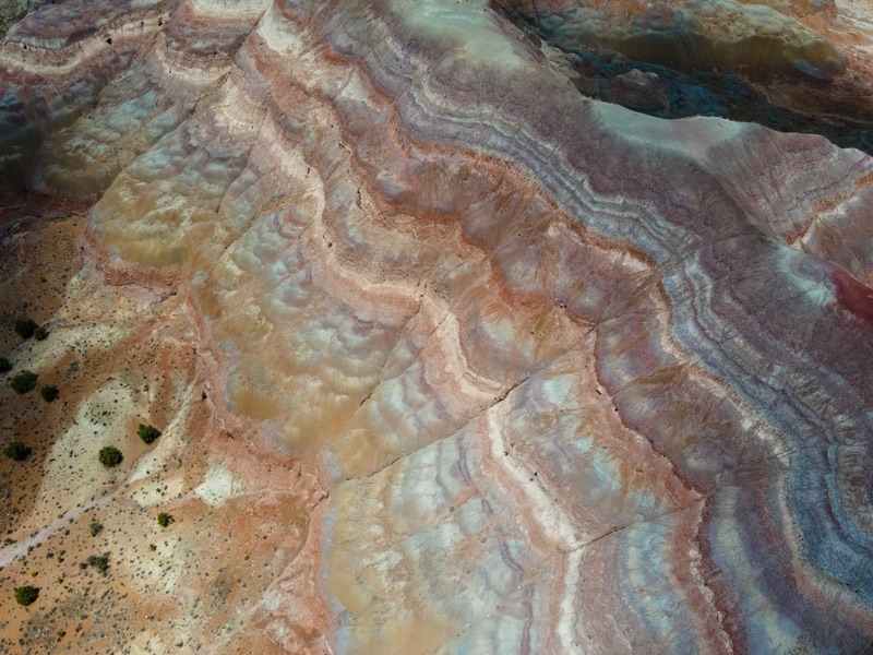 Banded multicolor badlands from the air