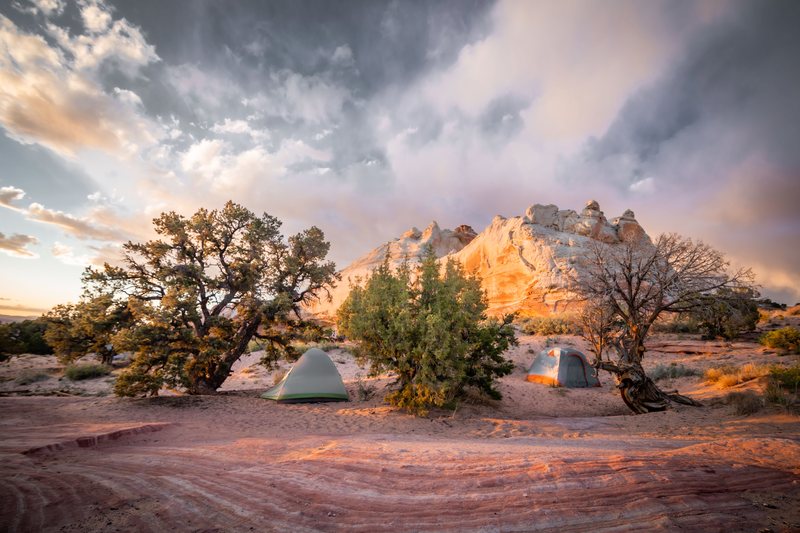 Two tents sit among juniper trees below a white sandstone butte lit by stormy sunset light