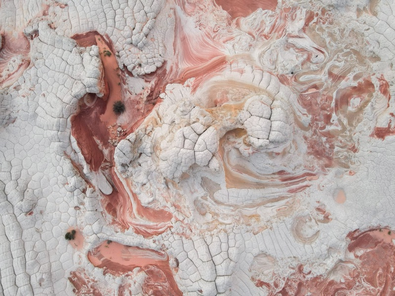 Aerial abstract of swirled white and red sandstone at White Pocket, Arizona
