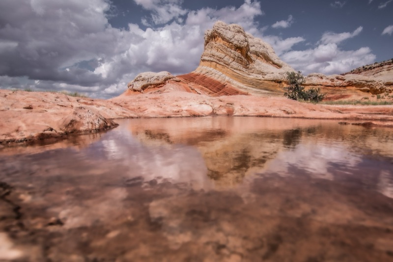 Monsoon clouds reflected in a rain pool at White Pocket, Arizona